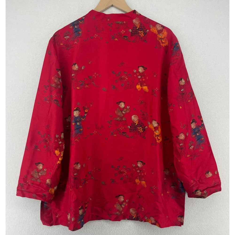 CHICOS Blouse 3 XL Asian Chinese Print Silk Satin Mandarin Collar Button Up Red_3